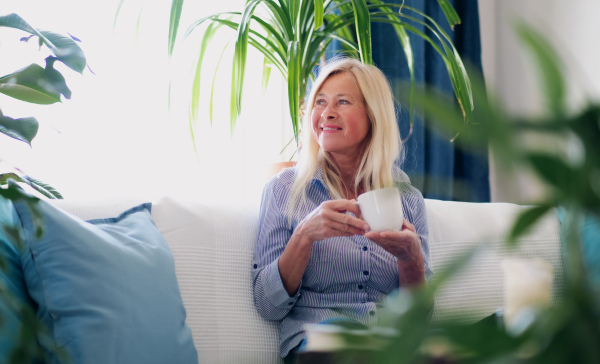 Attractive senior woman sitting indoors on sofa, relaxing with coffee. Copy space.