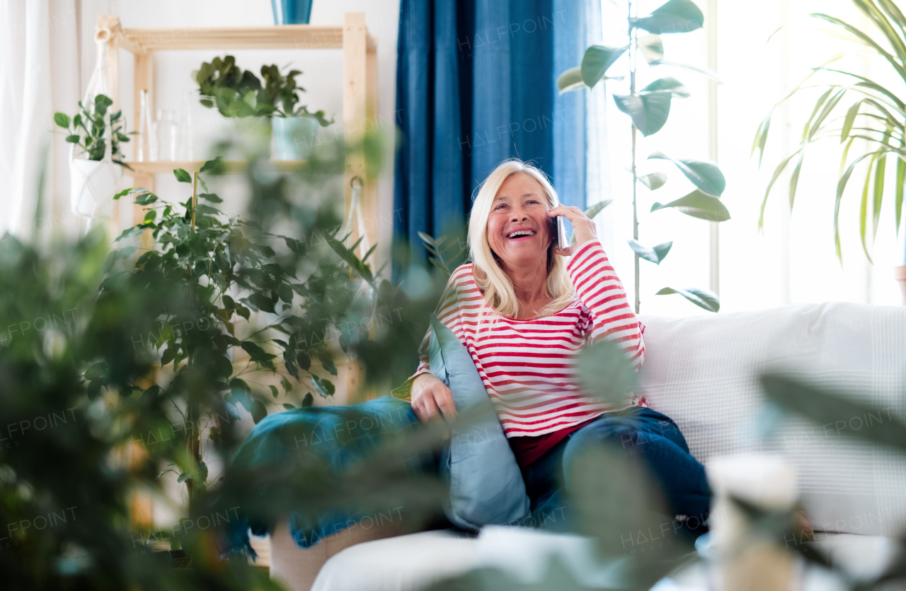 Happy attractive senior woman with smartphone sitting indoors on sofa, making phone call.