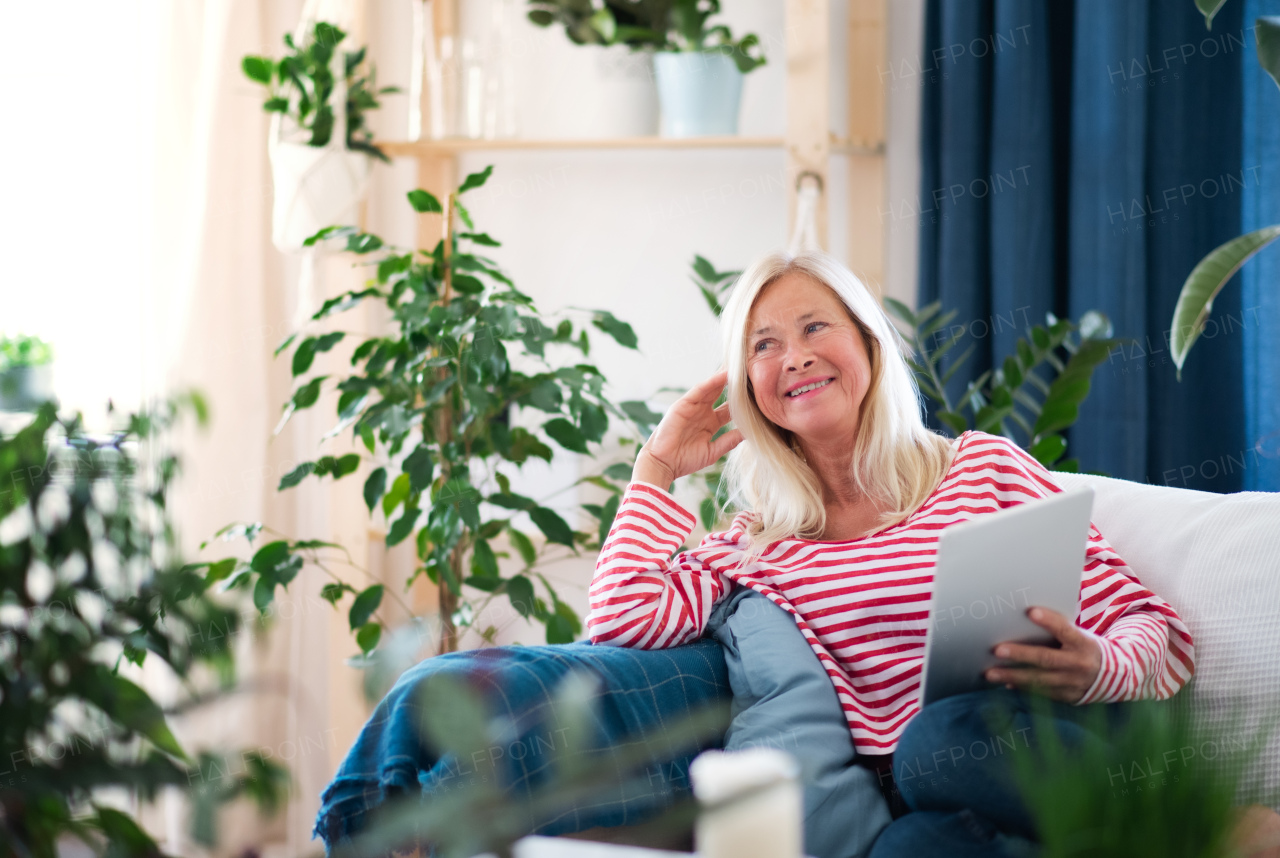 Attractive senior woman with tablet sitting indoors on sofa, video call and quarantine concept.