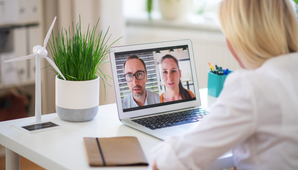 Senior businesswoman with laptop sitting indoors in home office, business call concept.