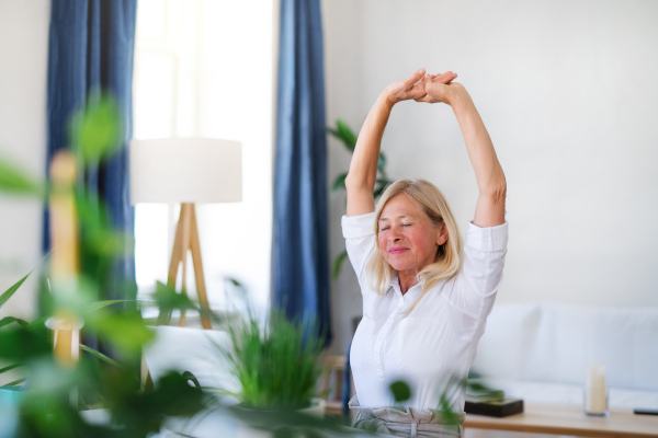 Attractive senior businesswoman with laptop sitting indoors at desk in home office, stretching when working.