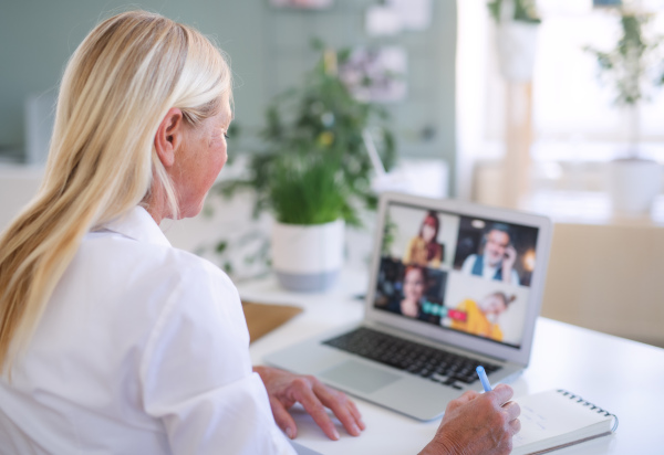 Senior businesswoman with laptop sitting indoors in home office, business call concept.