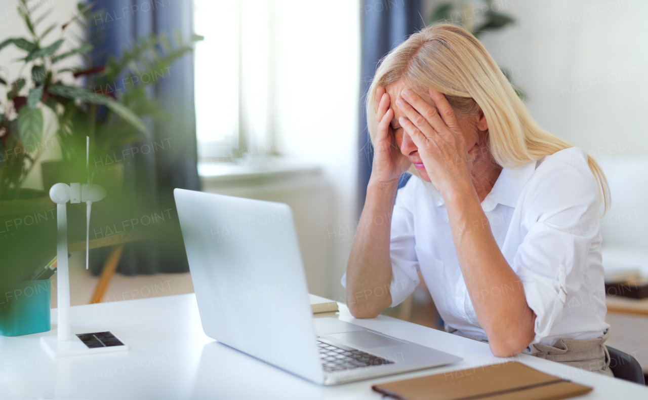 Frustrated woman engineer with laptop and head in hands indoors in home office, working.