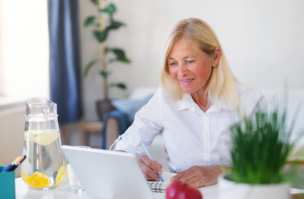 Happy attractive senior businesswoman with laptop sitting indoors at desk in home office, working.