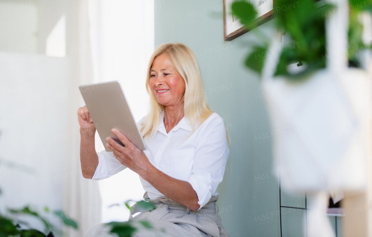 Happy attractive senior businesswoman with tablet indoors in home office, working.