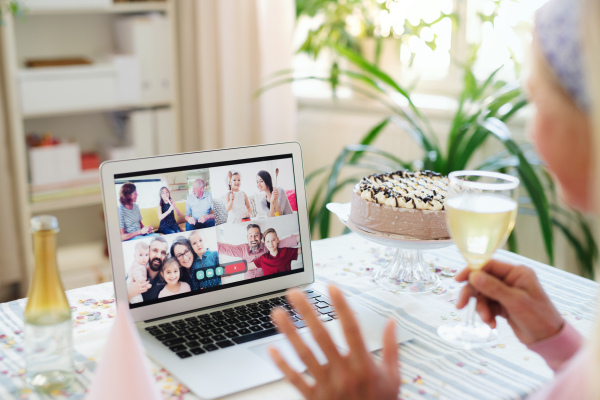 Senior woman with laptop, cake and wine indoors at home, celebrating distance birthday.