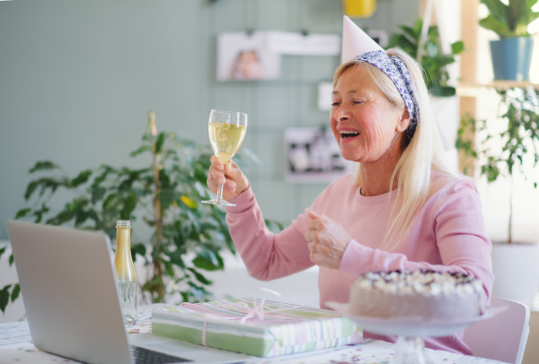 Senior woman with laptop, cake and wine indoors at home, celebrating distance birthday.