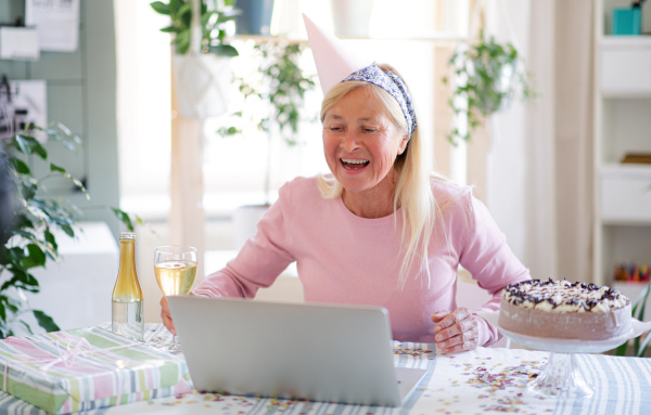 Senior woman with laptop, cake and wine indoors at home, celebrating distance birthday.