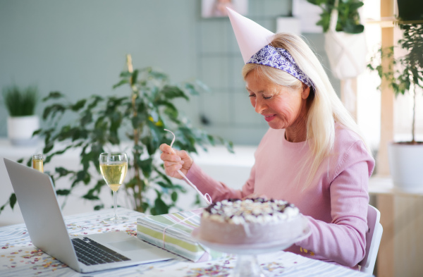 Senior woman with laptop, cake and wine indoors at home, celebrating distance birthday.