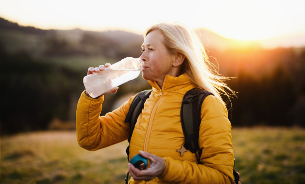 Attractive senior woman hiker walking outdoors in nature at sunset, drinking water.