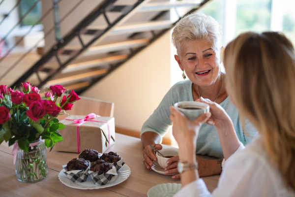 A happy senior mother having coffee with adult daughter indoors at home, sitting and talking.