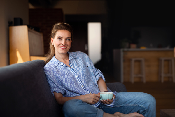 A portrait of happy mid adult woman with coffee smiling and sitting on sofa indoors at home