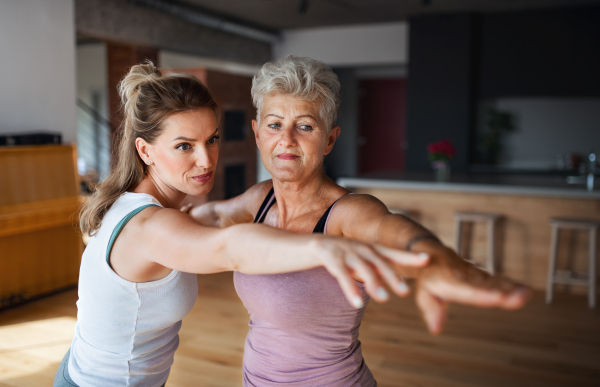 An active senior woman in sportsclothes exercising with her adult daughter indoors at home.