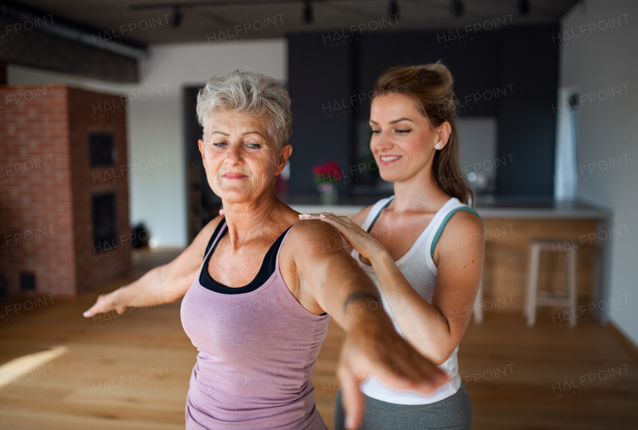 An active senior woman in sportsclothes exercising with female physioterapist indoors at home.