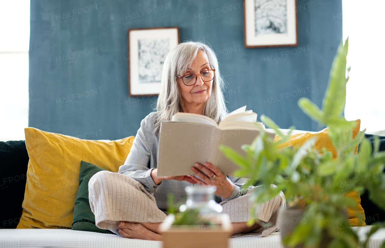 Portrait of senior woman sitting indoors on sofa at home, relaxing and reading book.