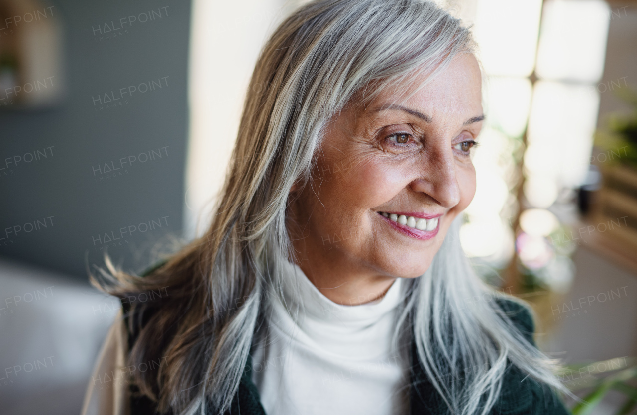 A front view portrait of happy senior woman standing indoors at home.