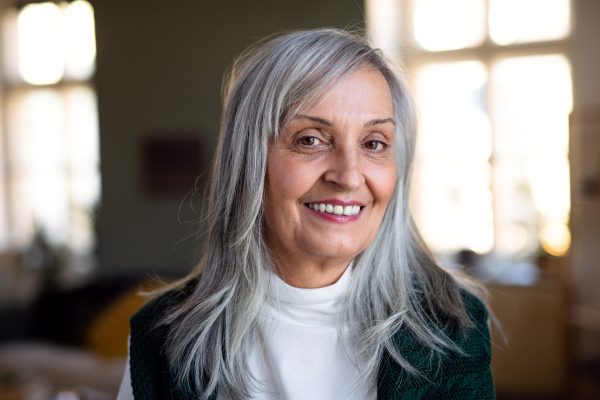 Front view portrait of senior woman standing indoors at home, looking at camera.