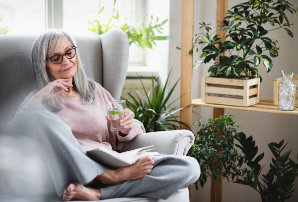 Portrait of senior woman sitting indoors on sofa at home, relaxing and reading book.