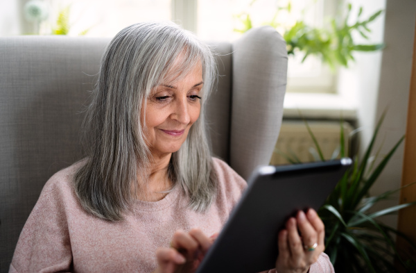 Portrait of happy senior woman sitting indoors on sofa at home, using tablet.