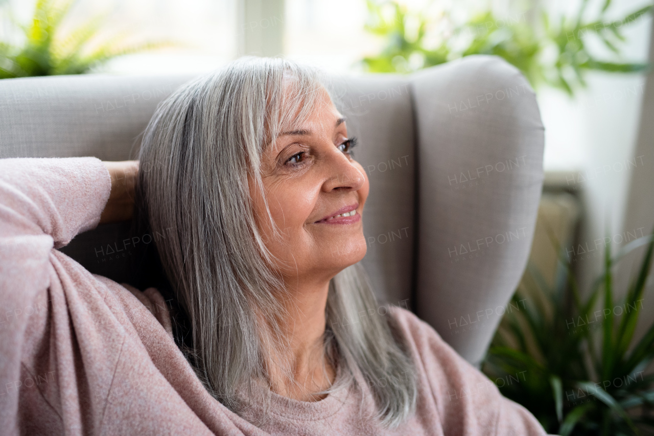 A front view portrait of happy senior woman sitting indoors at home.