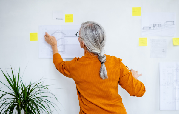 A rear view of senior woman architect standing indoors at home, standing and working.