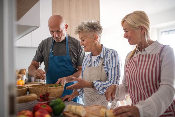 Group of cheerful senior friends having party indoors, cooking and talking.