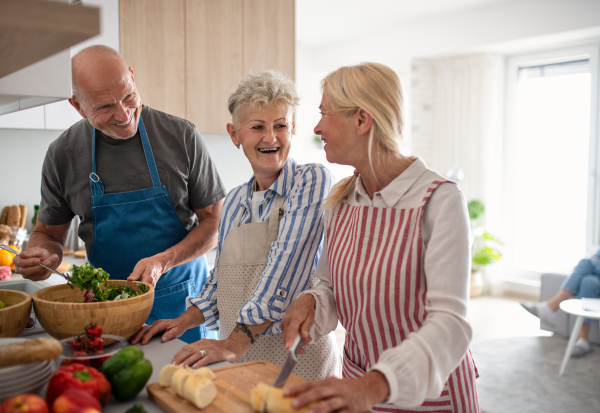 Group of cheerful senior friends having party indoors, cooking and talking.