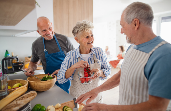 Group of cheerful senior friends having party indoors, cooking and talking.