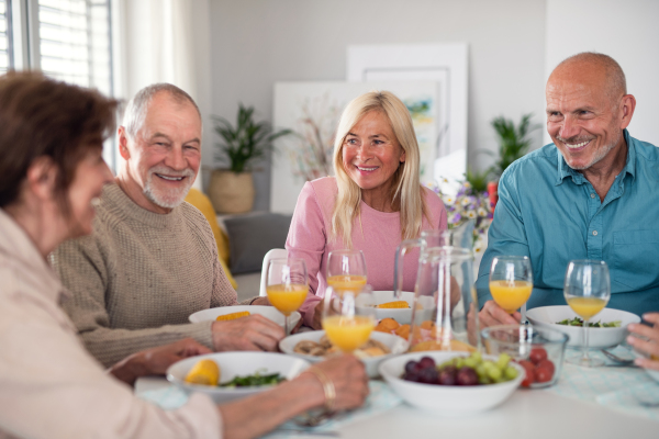 A group of senior friends having party indoors, talking when eating at the table.