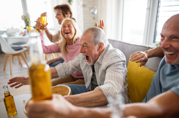 Group of cheerful senior friends watching movie indoors, party, social gathering and having fun concept.