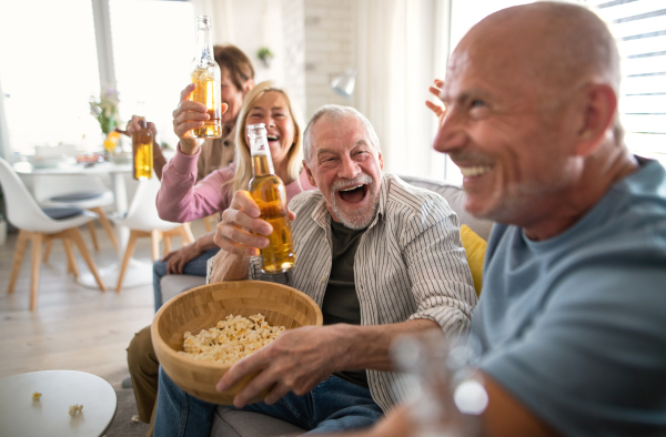 Group of cheerful senior friends watching movie indoors, party, social gathering and having fun concept.