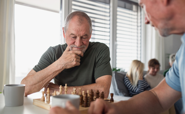 Group of happy senior friends playing board games indoors, party and social gathering concept.