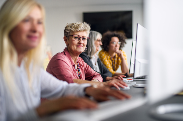 Group of senior people attending computer and technology education class, working.