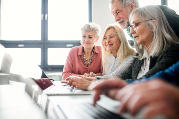 Group of cheerful senior people attending computer and technology education class.