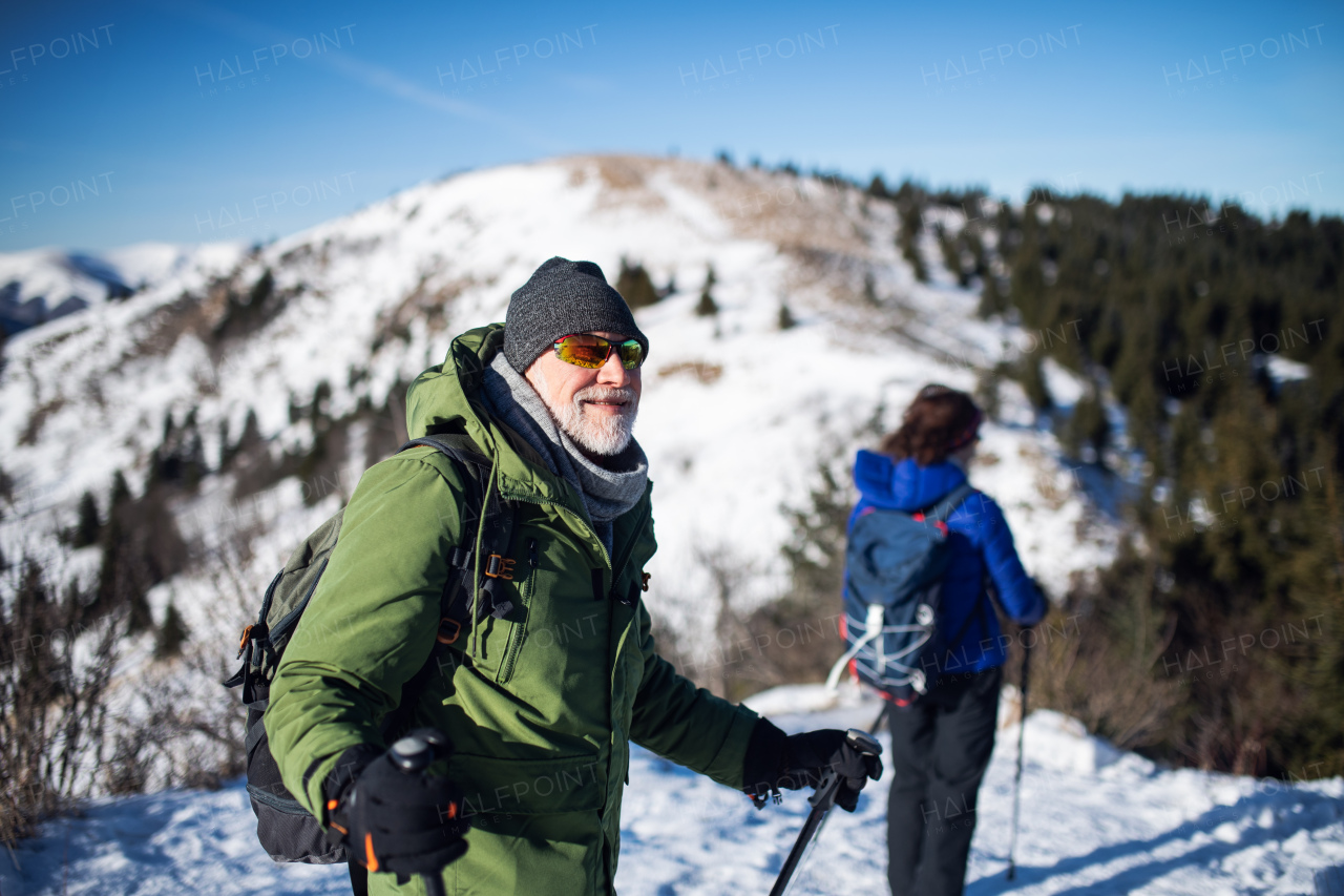 Senior couple with nordic walking poles hiking in snow-covered winter nature, healthy lifestyle concept.