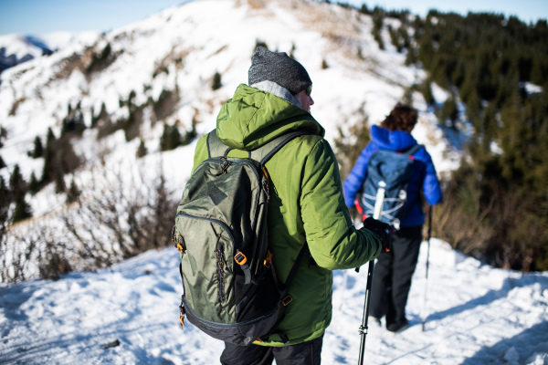 Rear view of cheerful senior couple hikers in snow-covered winter nature, walking.