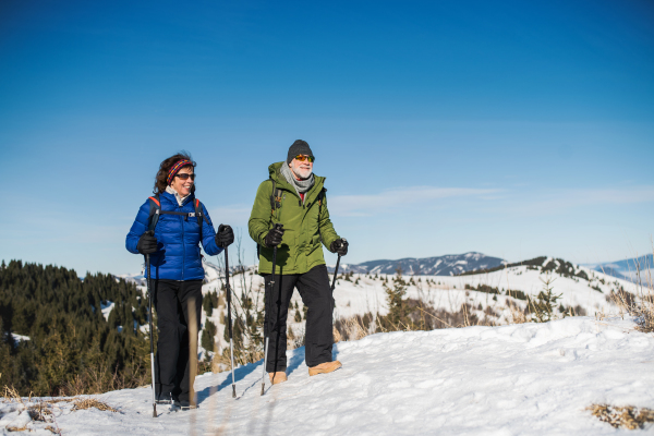 Senior couple with nordic walking poles hiking in snow-covered winter nature, healthy lifestyle concept.