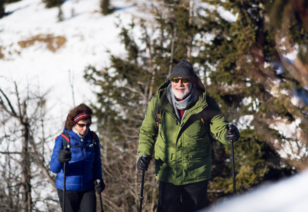 Senior couple with nordic walking poles hiking in snow-covered winter nature, healthy lifestyle concept.