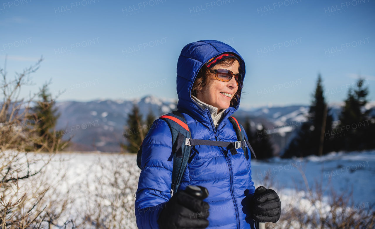 Portrait of happy senior woman standing in snow-covered winter nature.