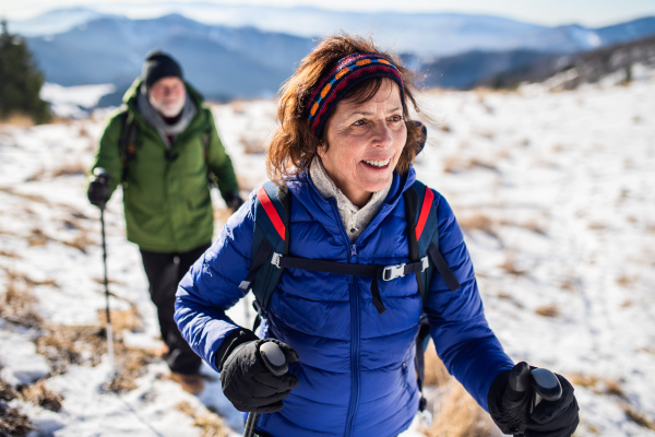 Senior couple with nordic walking poles hiking in snow-covered winter nature, healthy lifestyle concept.