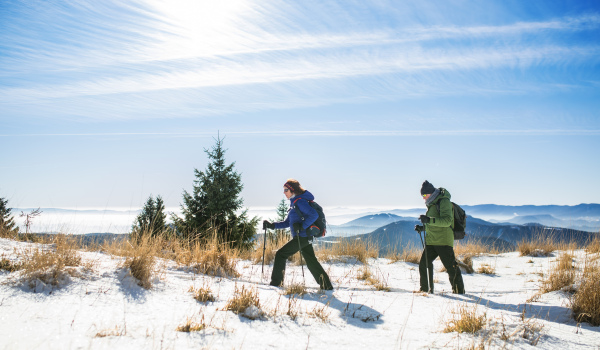 Senior couple with nordic walking poles hiking in snow-covered winter nature, healthy lifestyle concept.