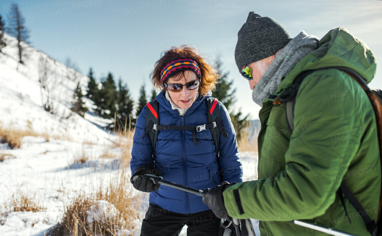 Senior couple hikers with nordic walking poles in snow-covered winter nature, resting.