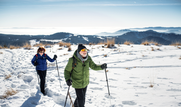 Senior couple with nordic walking poles hiking in snow-covered winter nature, healthy lifestyle concept.