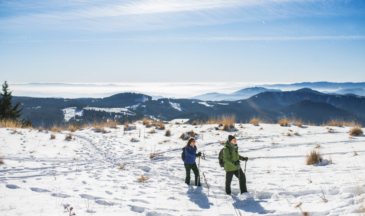 Senior couple with nordic walking poles hiking in snow-covered winter nature, healthy lifestyle concept.