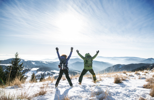 Rear view of cheerful senior couple hikers in snow-covered winter nature, jumping.