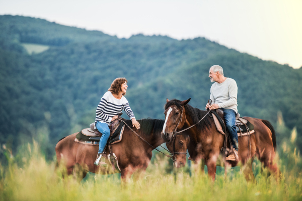 A happy senior couple riding horses on a meadow in nature.