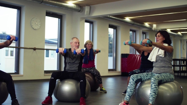 A group of cheerful seniors in gym doing exercise with dumbbells on fit balls.