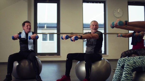 A group of cheerful seniors in gym doing exercise with dumbbells on fit balls.