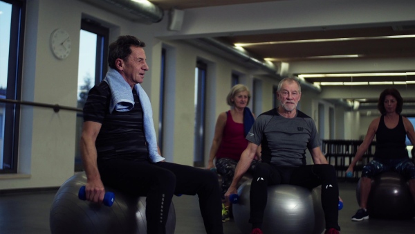 A group of cheerful seniors in gym doing exercise with dumbbells on fit balls.