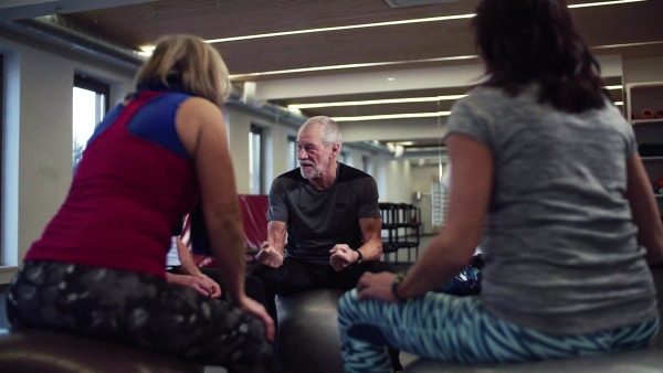 A group of cheerful seniors in gym resting after doing exercise on fit balls, talking. Slow motion.